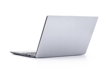 Back view of Slim modern laptop computer isolated on white background. Silver Grey color. Clipping...