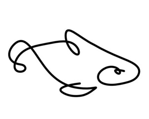 Black silhouette of fish as line drawing on white background. Vector