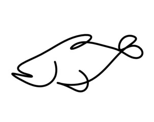 Black silhouette of fish as line drawing on white background. Vector