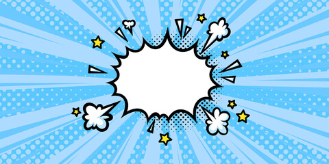 Surprising boom cloud with lightnings in blue halftone background for sales and promotions. Banner template for surprises and bursting events. Vector illustration in pop art style