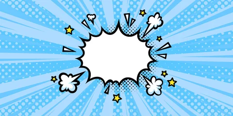 Deurstickers Surprising boom cloud with lightnings in blue halftone background for sales and promotions. Banner template for surprises and bursting events. Vector illustration in pop art style © liu_miu