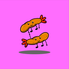 Cute flying fried shrimp doodle vector character illustration