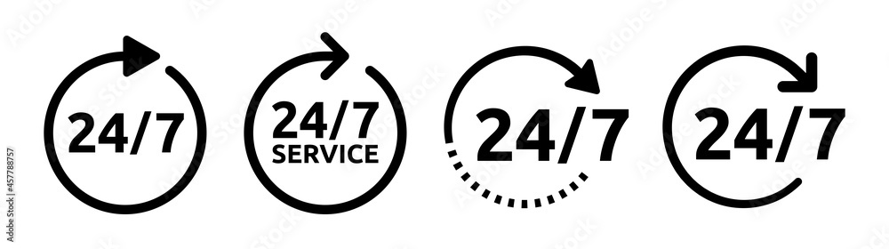 Aufkleber 24/7 service icon. Loop arrow icon symbol of open 24 hours.