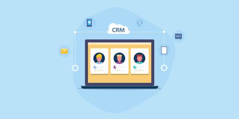 CRM dashboard showing customer data on virtual screen, customer relationship management software application, cloud technology, internet communication concept. Web banner template.