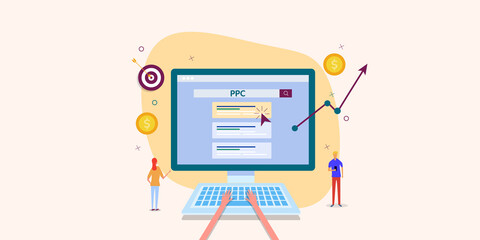 PPC- pay per click advertising technology, business people spending money on search engine marketing technology, business communication concept. User clicks on ppc ads. Web banner template. - obrazy, fototapety, plakaty