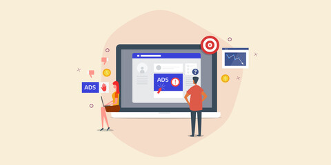 Social media advertising mistake, digital marketing strategy fails, content error, business people editing analysing common marketing advertising mistakes, decreasing arrow. Web banner template.