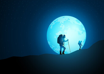 Obraz premium Trekkers with backpack trekking on mountain with beautiful full moon on the background