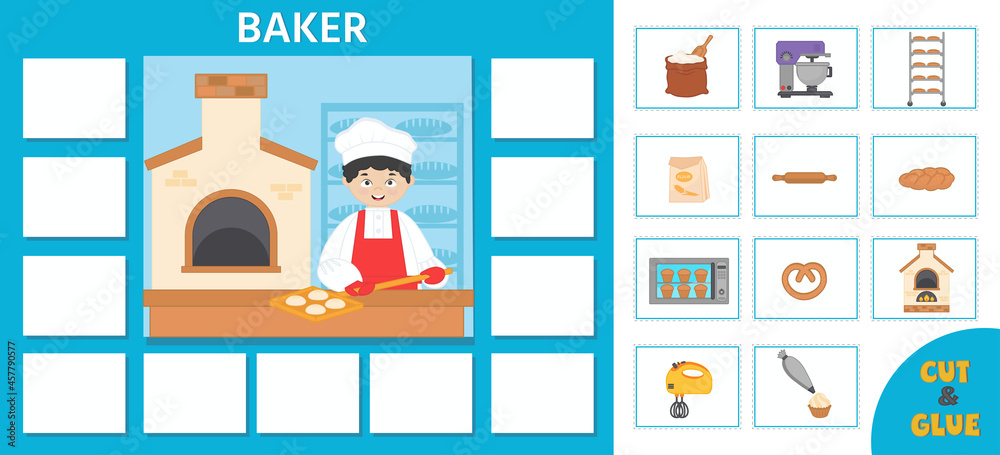 Wall mural educational paper game for kids. puzzle. learning cards. professions. baker at the bakery. preschool