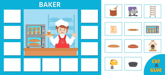 Naklejka na ściany i meble Educational paper game for kids. Puzzle. Learning cards. Professions. Baker at the bakery. Preschool worksheet activity. Vector illustration