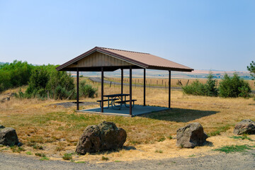 Picnic table in a gazebo at Tolo Lake near Grangeville, Idaho, USA