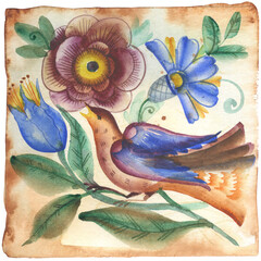 Stylized bird of paradise on a blossoming branch.Vintage Russian folk style watercolor tiles. Suitable for Easter cards ,ceramic tiles,cafe decor, patchwork pattern,home decor, fireplace,kitchen apron