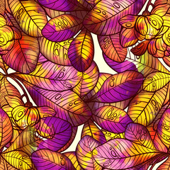 Modern floral highly detailed seamless pattern with flowers and leaves. Digital lines hand drawn picture with watercolour texture. Mixed media artwork. Endless motif 
