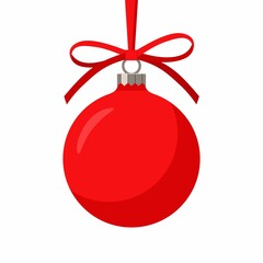 Сhristmas ball isolated. Christmas tree ball with ribbon bow. Red ball on white background. Symbol of Happy New Year, Xmas holiday celebration, winter.