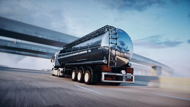 3d generic oil truck on highway. Very fast driving. Delivery concept. Realistic 4k animation.