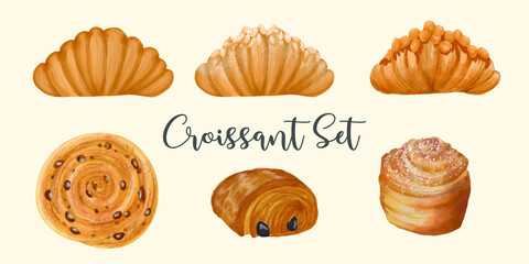 Croissants set digital watercolor painting. Good for printing and digital art work design.