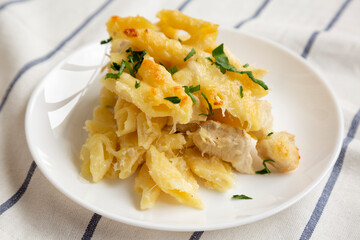 Homemade Chicken Alfredo Pasta Bake with Parsley, side view. Close-up.