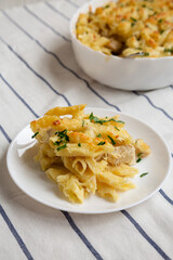 Homemade Chicken Alfredo Pasta Bake with Parsley, side view.