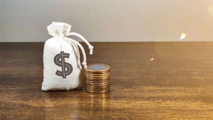 Bag with dollar symbol and coins. Concept of safety of money, guaranteed deposits. Client rights...