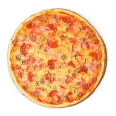 Fresh pizza isolated on white background. Original italian classic delicious pepperoni pizza with cheese, salami and ham