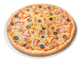 Fresh pizza isolated on white background. Original italian classic delicious pizza. Menu italin food traditional cuisine