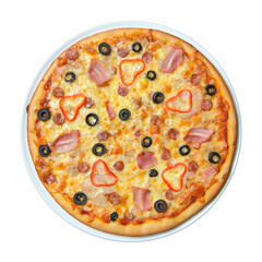 Fresh pizza isolated on white background. Original italian classic delicious pizza. Menu italin food traditional cuisine