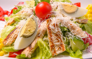 Fresh salad with chicken fillet, vegetables, boiled eggs and parmesan cheese. Delicious grilled chicken breast fresh salad with tomatoes and cucumber