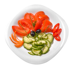 Fresh healthy vegan salad with tomatoes and cucumbers, in white bowl. Tasty snack for a healthy body and mind.