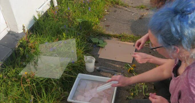 Woman teaches boy to develop photogram outdoors at home, high angle