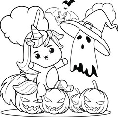 Halloween coloring book with cute unicorn
