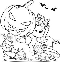 Halloween coloring book with cute unicorn