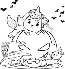Halloween coloring book with cute unicorn