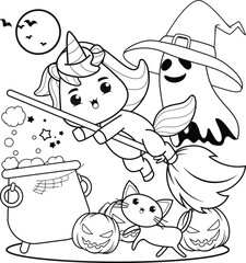 Halloween coloring book with cute unicorn