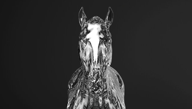 Transparent crystal head horse with visible skeleton, 3d rendering, 3d illustration