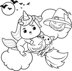 Halloween coloring book with cute unicorn
