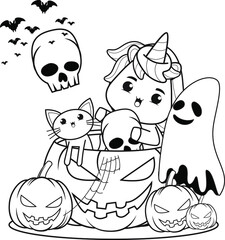 Halloween coloring book with cute unicorn