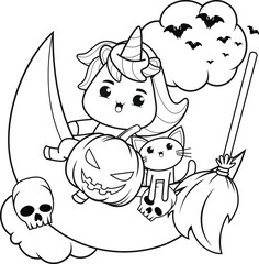 Halloween coloring book with cute unicorn