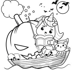 Halloween coloring book with cute unicorn