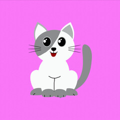 Sitting cute cute cat in gray and white colors, pink background