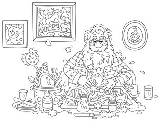 Santa Claus washing dishes, pans, forks and spoons with liquid soap in his kitchen after a fun party on winter vacation, black and white outline vector cartoon illustration for a coloring book page