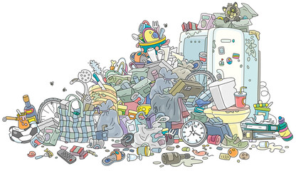 Big messy dump of household garbage and waste, vector cartoon illustration isolated on a white background - obrazy, fototapety, plakaty