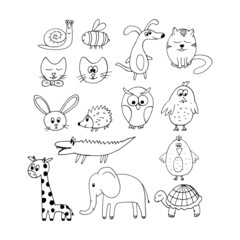 dog, cat, snail, bee, elephant, rabbit, bird, crocodile, owl, hedgehog, turtle set hand drawn doodle vector, scandinavian, nordic, monochrome, minimalism animals, cute kids collection, coloring