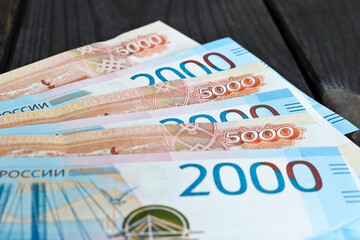Russian rubles money background. Bills of 2000 and 5000 rubles. Business and finance concept.