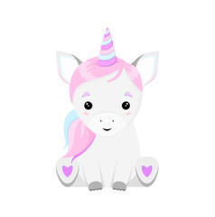 Cute unicorn on a white background. Children's illustration of an animal in a cartoon style.