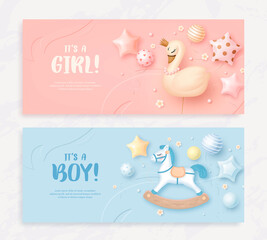 Set of baby shower invitation with cartoon swan, horse, helium balloons and flowers on blue and pink background. It's a boy. It's a girl. Vector illustration