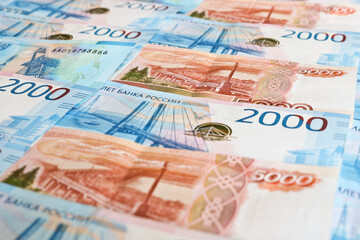 Russian rubles money background. Bills of 2000 and 5000 rubles. Business and finance concept.