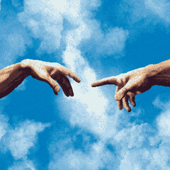 Creation of Adam. Pixel art collage.