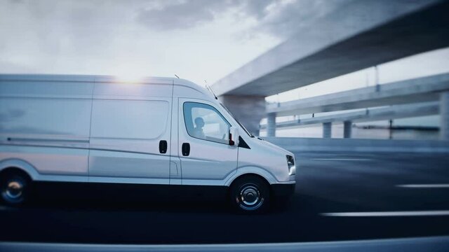 3d generic white delivery van on highway. Very fast driving. Delivery concept. Realistic 4k animation.