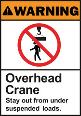 Overhead crane stay out from under suspended loads warning sign. Construction signs and symbols.