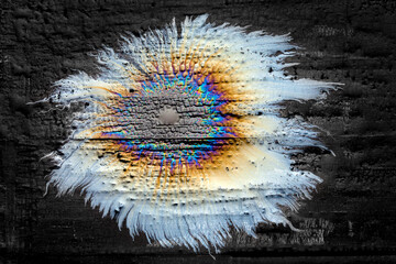 iridescent oil drop spill on black background.