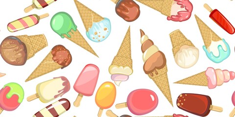 Ice cream pattern seamless. Cool Background illustration. Wallpaper print. In waffle glasses and cones. Popsicle on sticks. Summer food sweet dessert. Flat design. Vector.